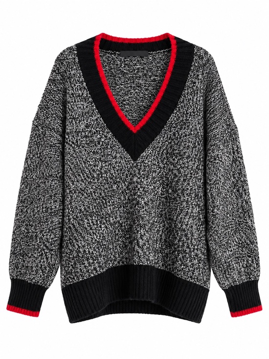 Marks & Spencer Sweaters - Marks & Spencer Black & White Marled V-Neck Sweater with Red Trim